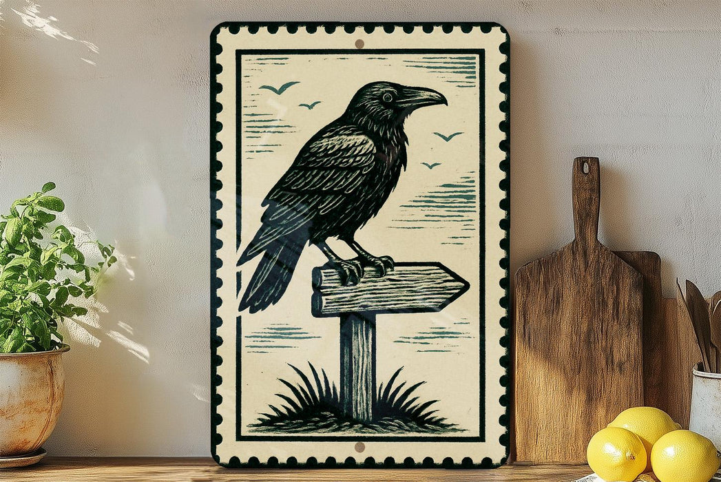 a black and white illustration of a crow perched on a wooden signpost, with a potted plant to the left and a wooden cutting board to the right.