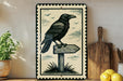 a black and white illustration of a crow perched on a wooden signpost, with a potted plant to the left and a wooden cutting board to the right.