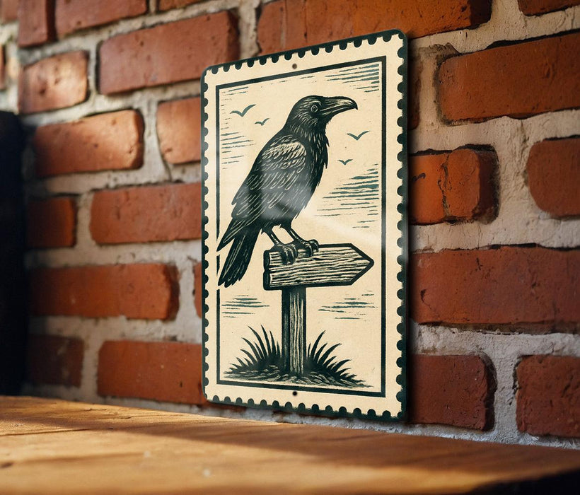 A black and white illustration of a bird perched on a wooden signpost, with a brick wall in the background.