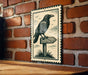 A black and white illustration of a bird perched on a wooden signpost, with a brick wall in the background.