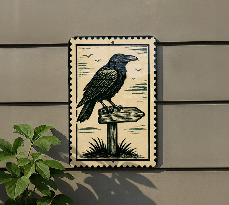 a black and white illustration of a bird perched on a wooden signpost, with a plant to the left of the signpost.