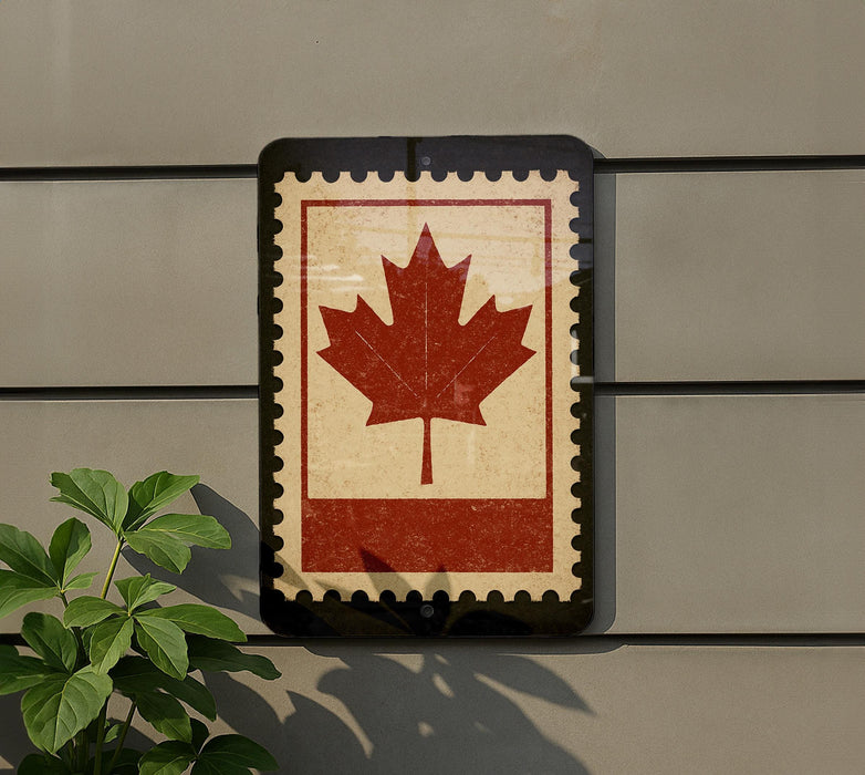 a Canadian flag, which is a red maple leaf, mounted on a wall.