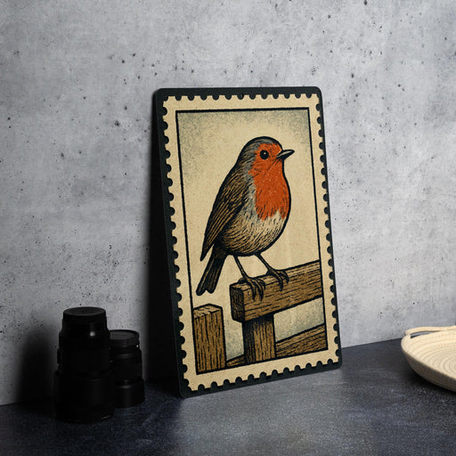 A framed illustration of a red-headed bird perched on a wooden fence is displayed on a gray countertop.
