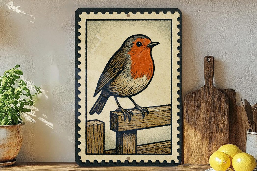 A framed illustration of a bird, possibly a robin, perched on a wooden fence. The bird is depicted in a detailed and realistic style, with its vibrant colors and intricate patterns. The frame has a decorative border, adding an artistic touch to the overall presentation. The bird is positioned on a wooden fence, which is a common and recognizable element in outdoor settings.