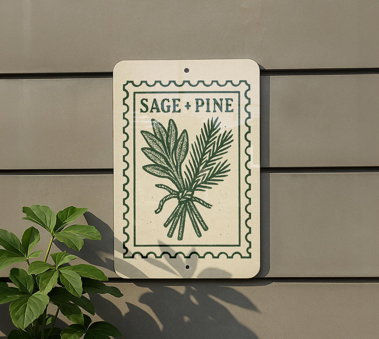 a sign with the text "SAGE + PINE" and a graphic of a plant, mounted on a wall.