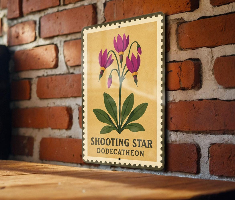 A vintage-style sign featuring a flower illustration and the text "SHOOTING STAR DODECATHEON" is displayed on a brick wall.