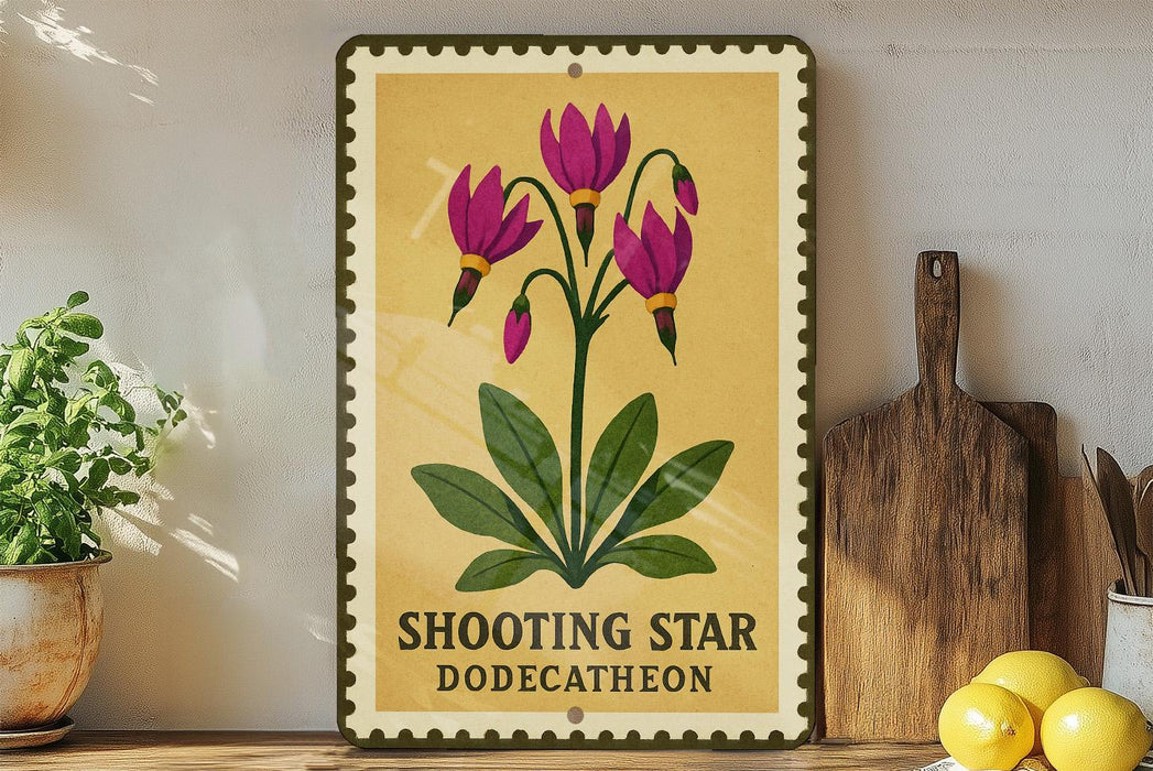A framed illustration of a purple flower with green leaves, titled "Shooting Star Dodecathenon", is displayed on a shelf next to a wooden cutting board and a potted plant.