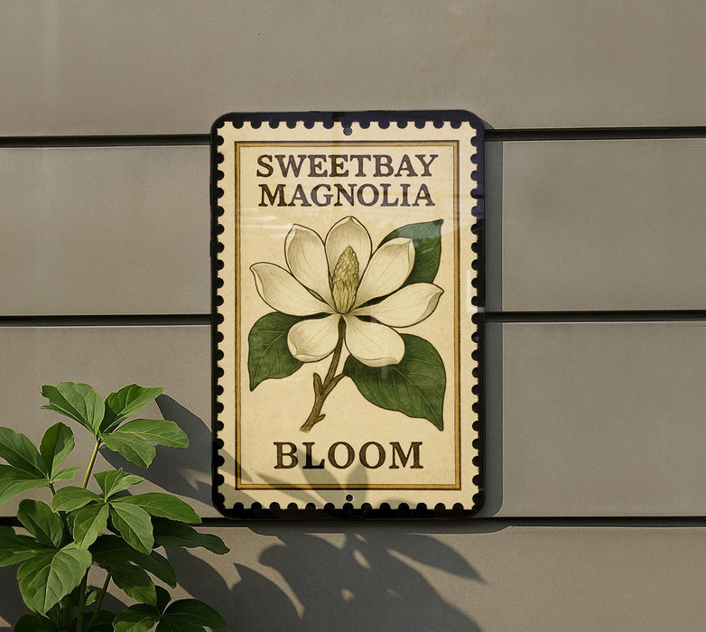 a sign with a magnolia flower and the word "Bloom" on it, mounted on a wall.