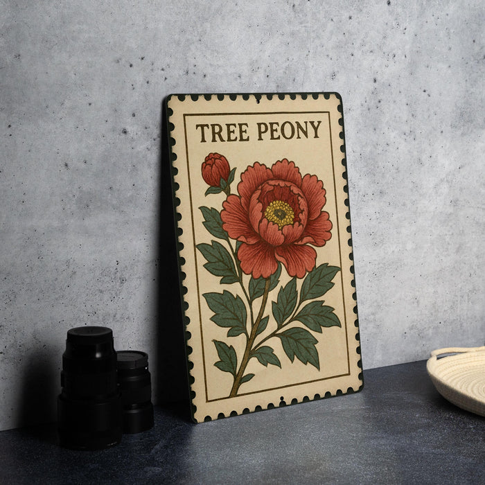 A framed print of a red peony flower is displayed on a table, with a stack of black camera lenses and a white dish visible to the side.