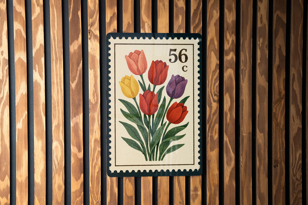 A colorful postage stamp featuring a bouquet of tulips is displayed on a wooden wall.