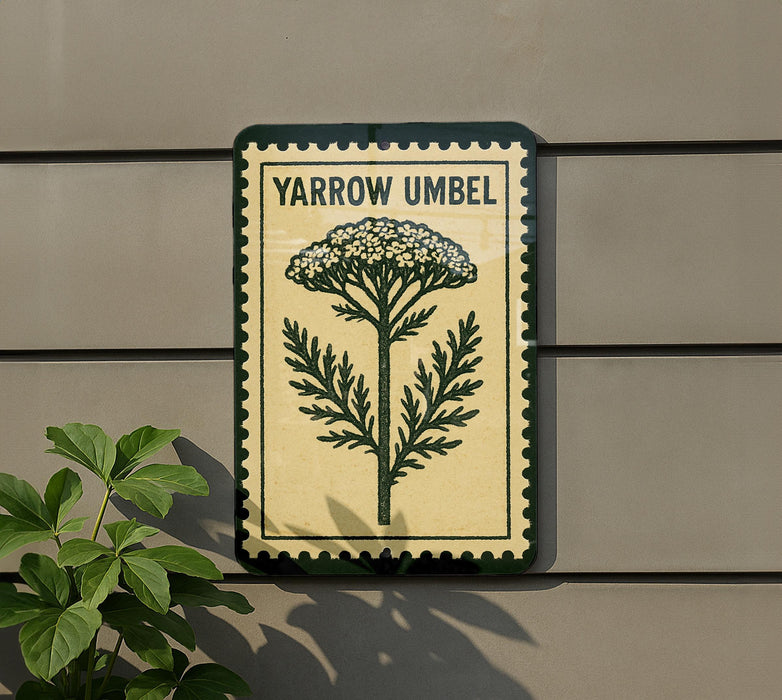 a sign with a plant illustration on it, mounted on a wall.
