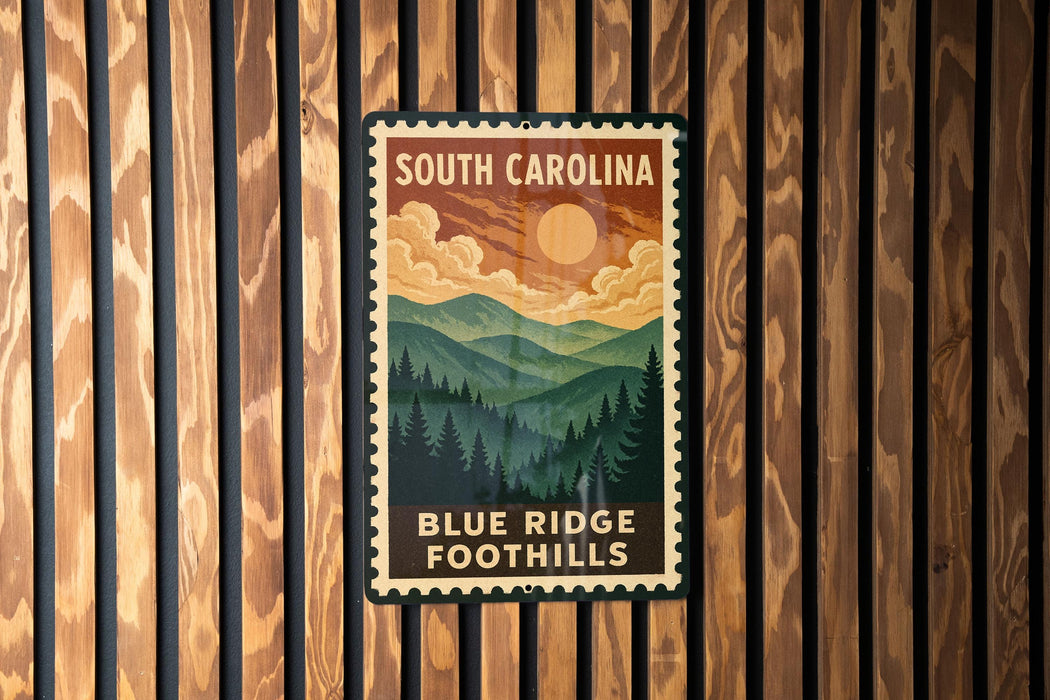 A vintage-style metal sign with the text "SOUTH CAROLINA" and "BLUE RIDGE FOOTHILLS" is displayed on a wooden wall.