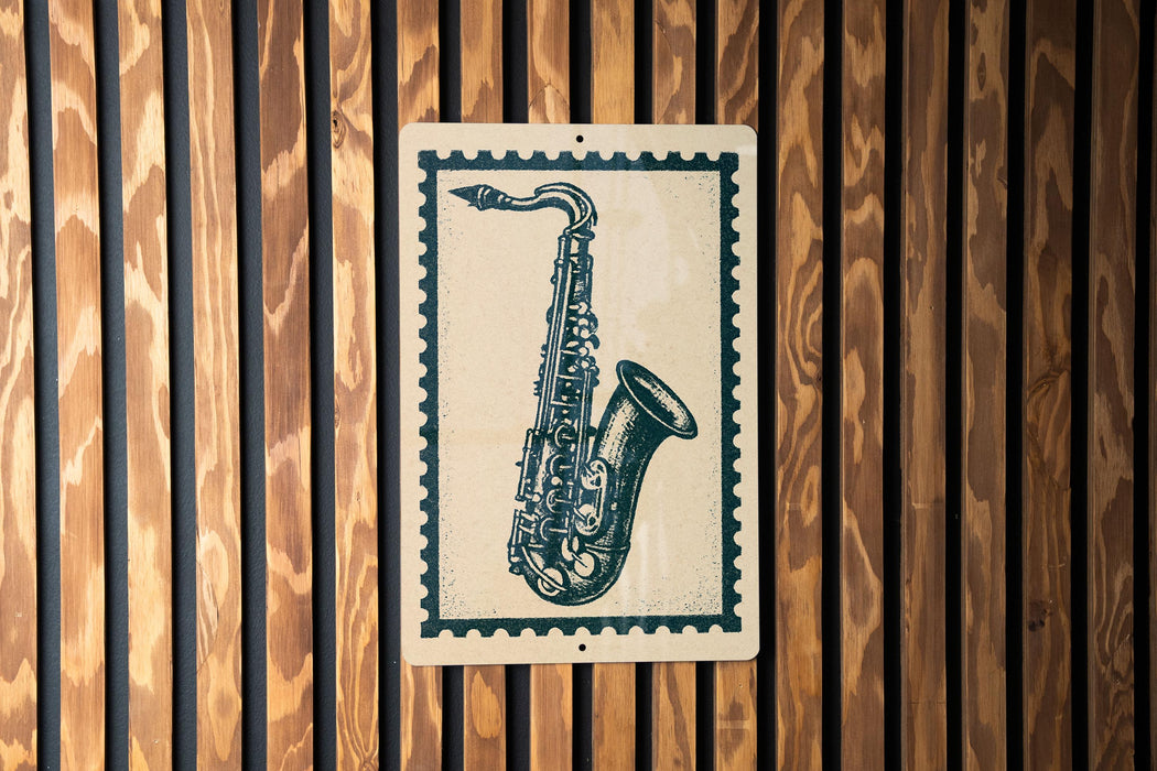 A framed image of a saxophone is displayed on a wooden wall.