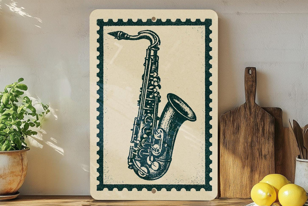 a framed illustration of a saxophone on a shelf, with a potted plant to the left and a wooden cutting board to the right.