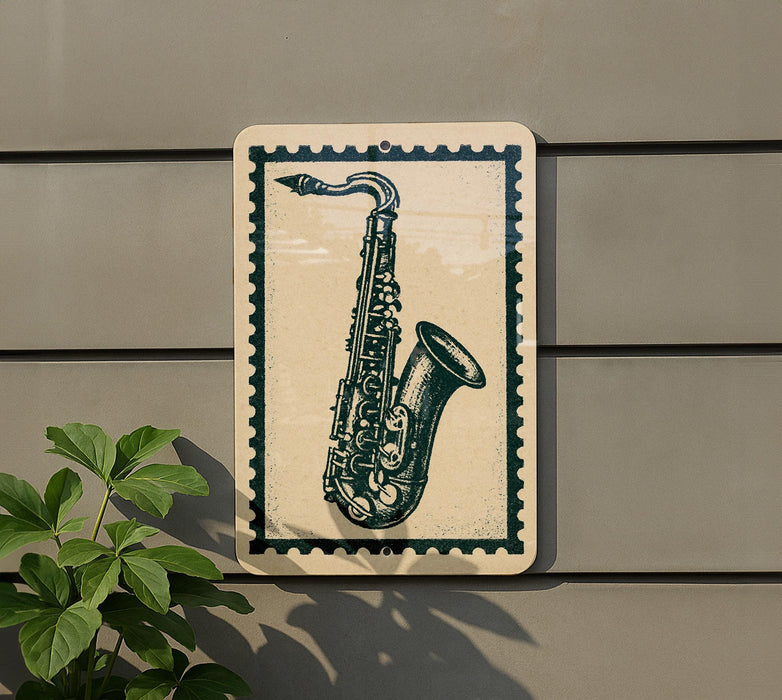 A sign featuring a saxophone is mounted on a wall, with a plant visible to the left.