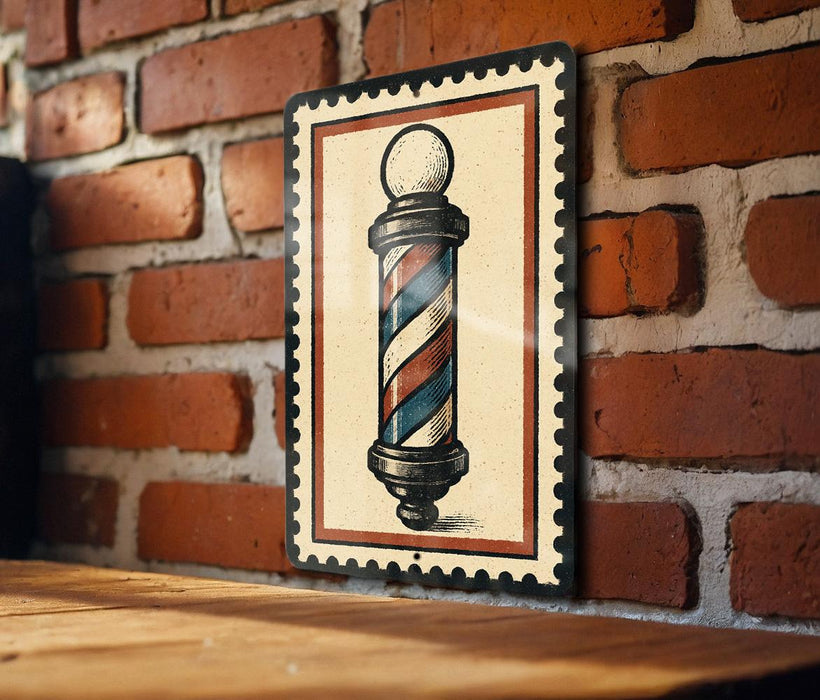 A metal sign featuring a barber pole is mounted on a brick wall.