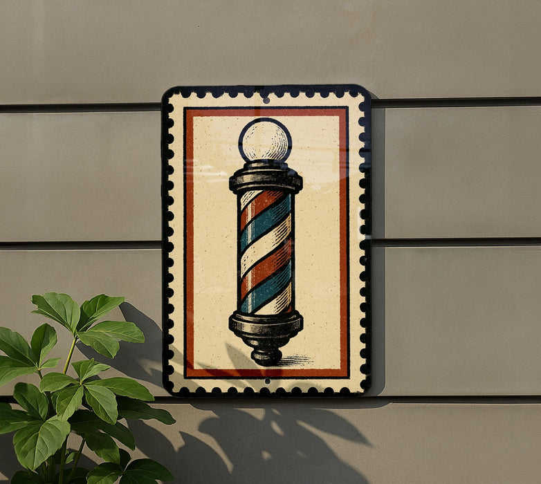 A barber pole sign is mounted on a wall, with a plant visible to the left.