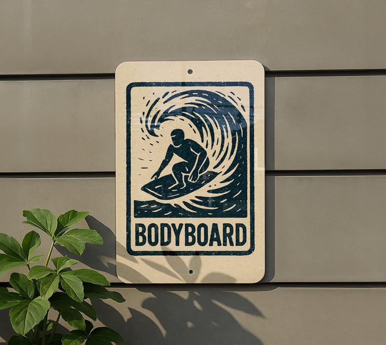 a sign with a graphic of a surfer riding a wave, mounted on a wall.