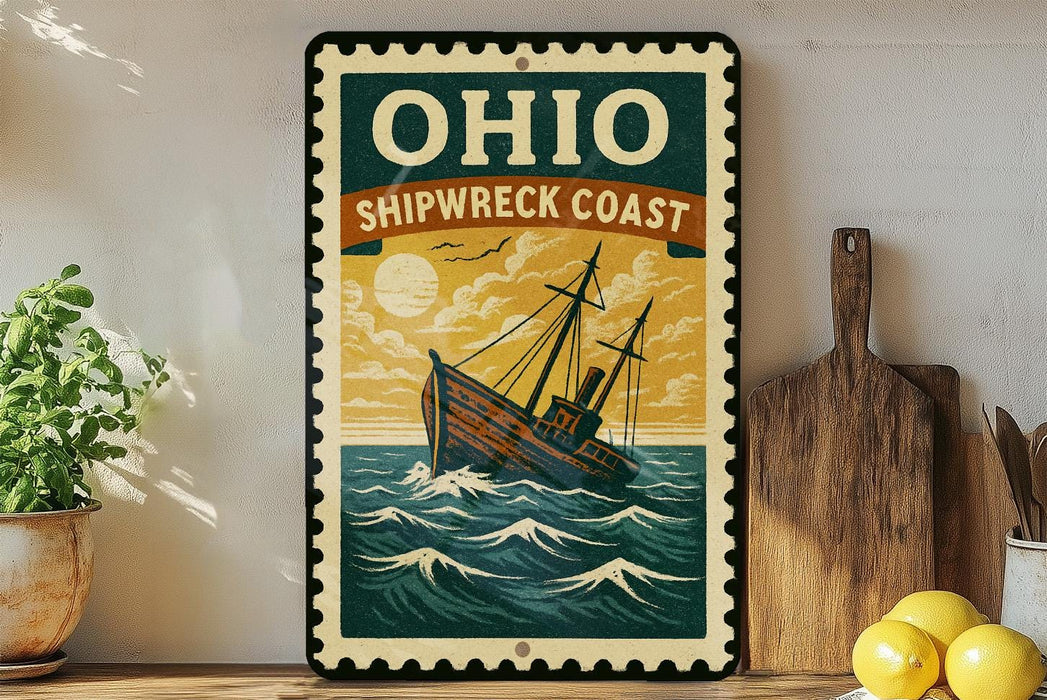 a vintage-style sign for the Ohio Shipwreck Coast, with a ship illustration and a sunset in the background.