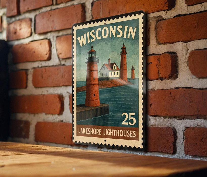 A vintage-style poster of the Wisconsin Lakeshore Lighthouses, featuring two prominent lighthouses and a seascape.