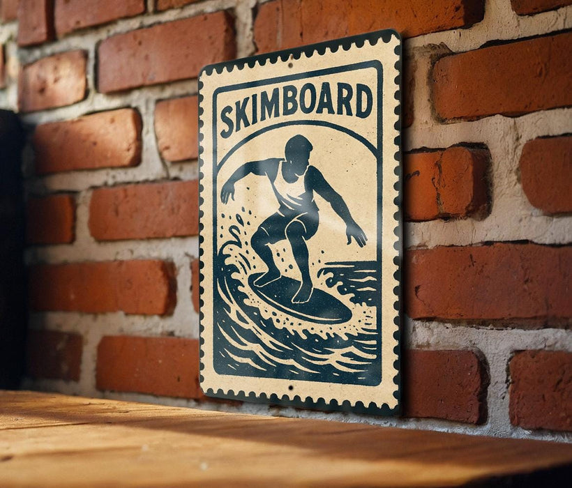 A vintage-style metal sign with a silhouette of a surfer riding a wave, mounted on a brick wall.