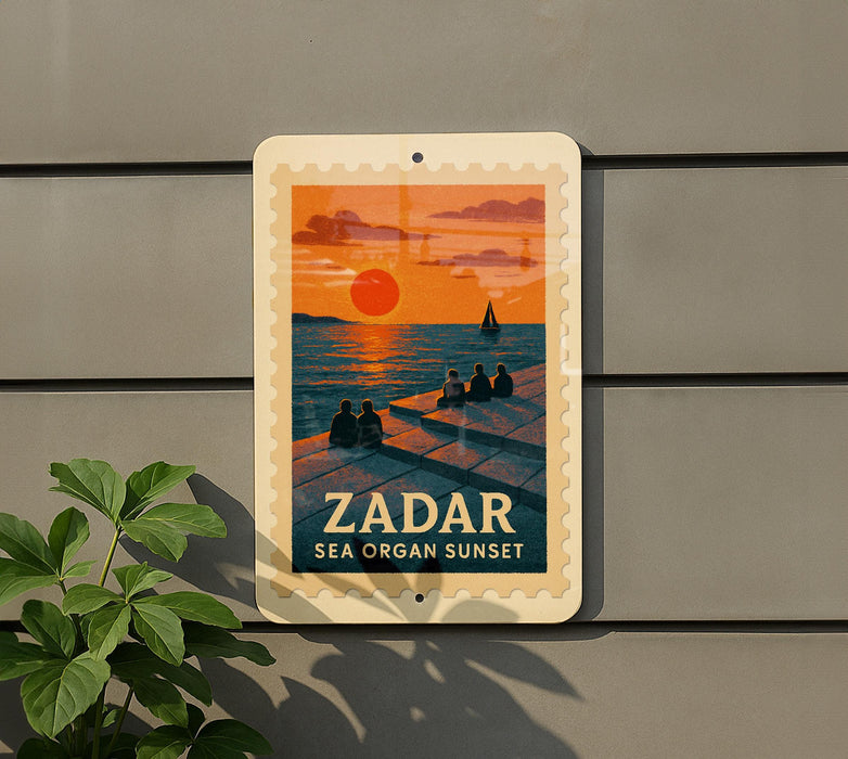 A vintage-style poster of the Zador Sea Organ Sunset, featuring silhouettes of people enjoying the sunset on a boat.