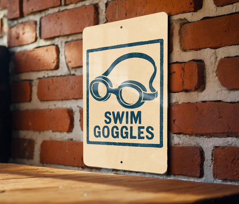 A sign with a pair of goggles on it is mounted on a brick wall.