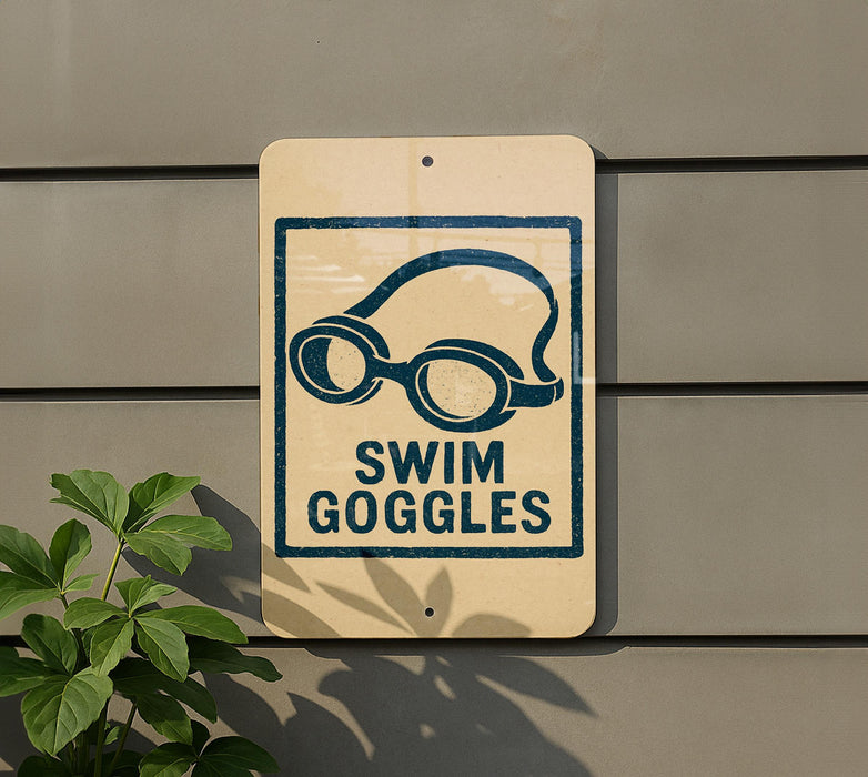 A sign on a wall that says "SWIM GOGGLES" with a graphic of goggles on it.