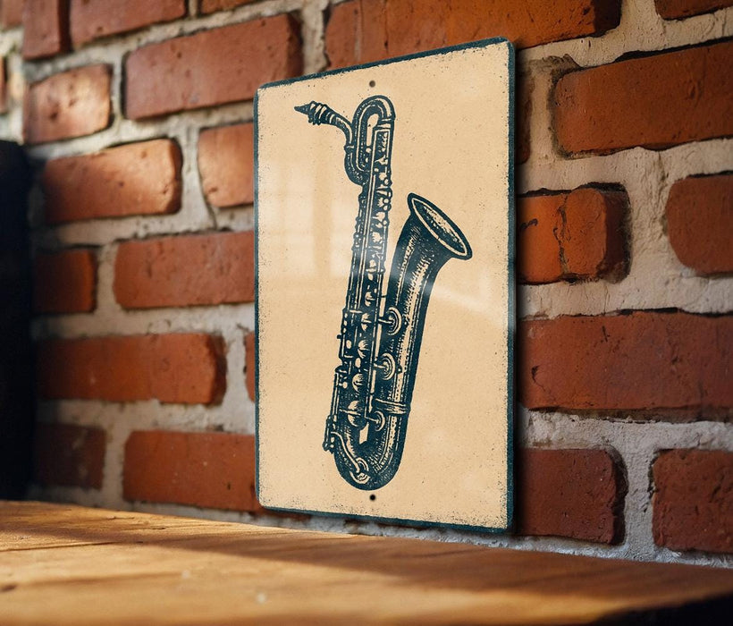 A metal sign featuring a saxophone illustration is mounted on a brick wall.