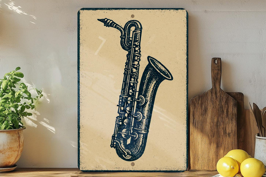 a vintage-style metal sign with a saxophone illustration, placed on a wooden surface next to a potted plant and a wooden cutting board.