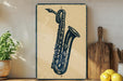 a vintage-style metal sign with a saxophone illustration, placed on a wooden surface next to a potted plant and a wooden cutting board.