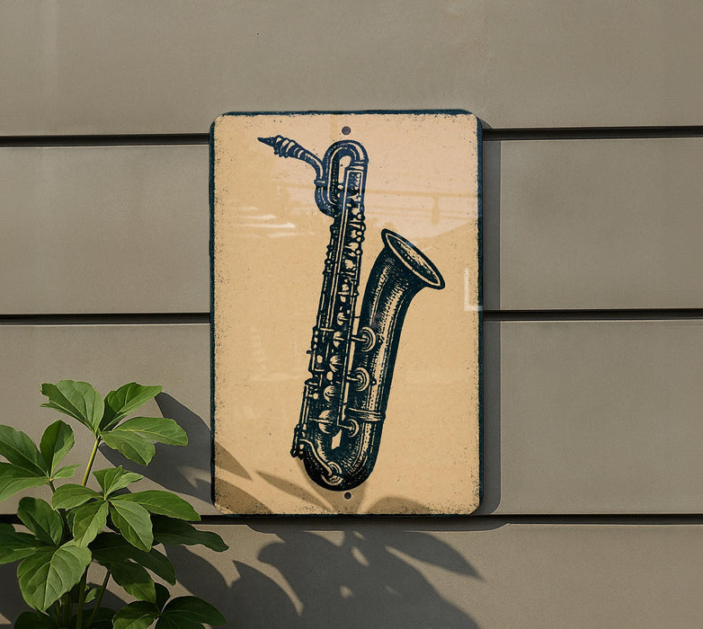 a saxophone on a wall, with a plant to the left of the saxophone.