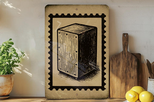 a wooden cutting board, a potted plant, and a framed image of a drum on a shelf.
