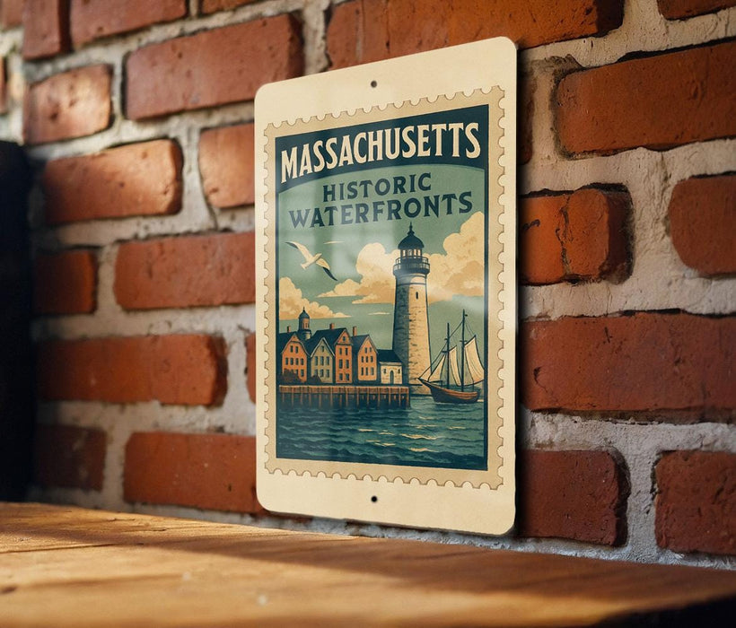 A vintage-style metal sign with the text "MASSACHUSETTS HISTORIC WATERFRONTS" is displayed on a brick wall.