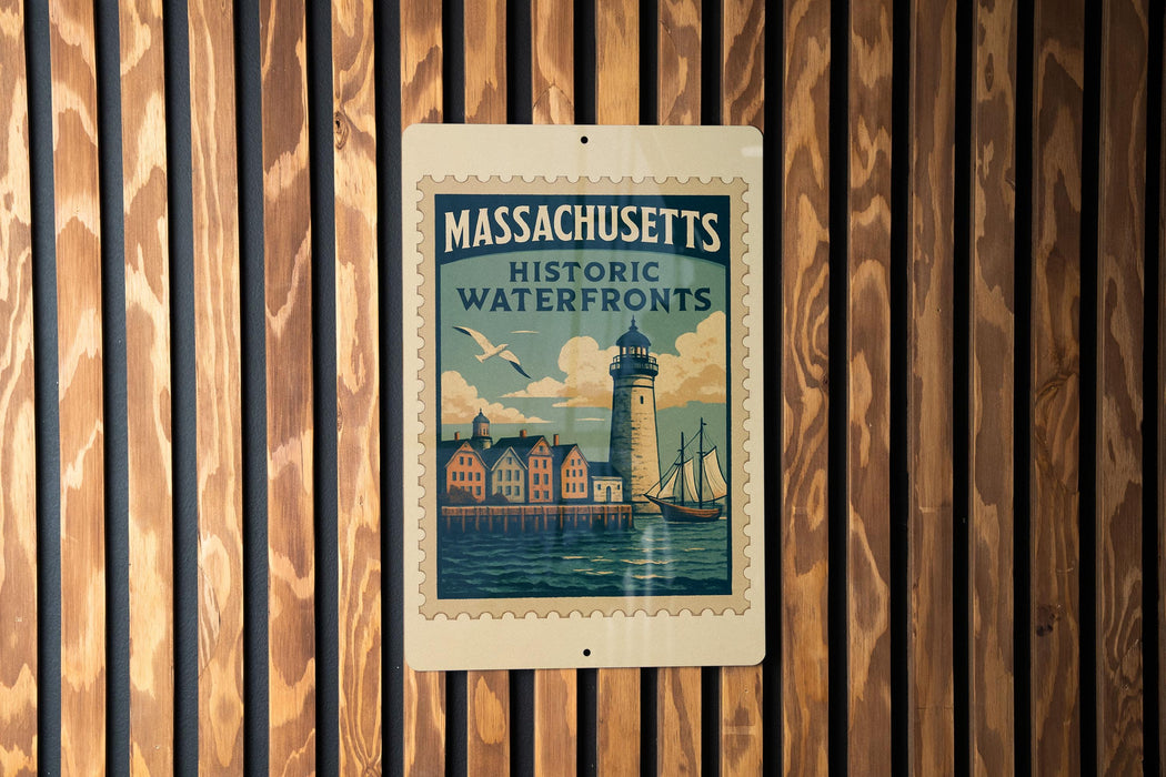 A metal sign with a vintage-style illustration of a lighthouse and a town, mounted on a wooden wall.