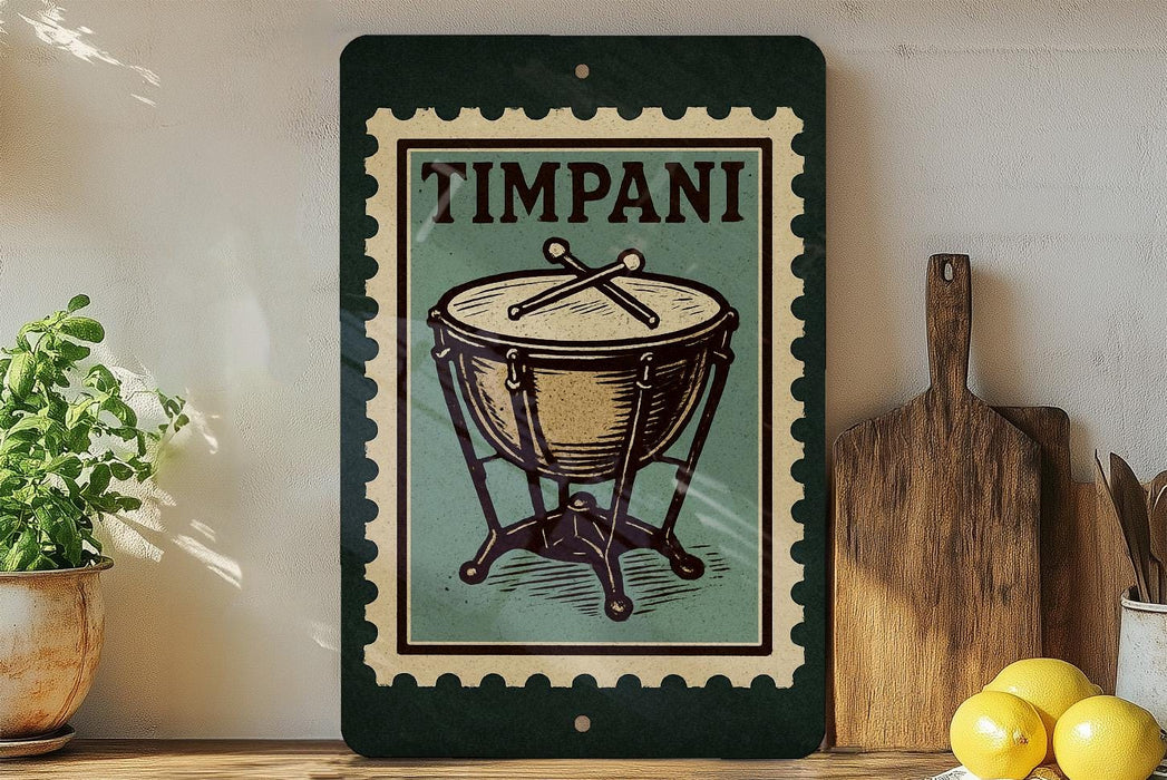 A framed illustration of a drum is displayed on a shelf, accompanied by a wooden cutting board and a potted plant.