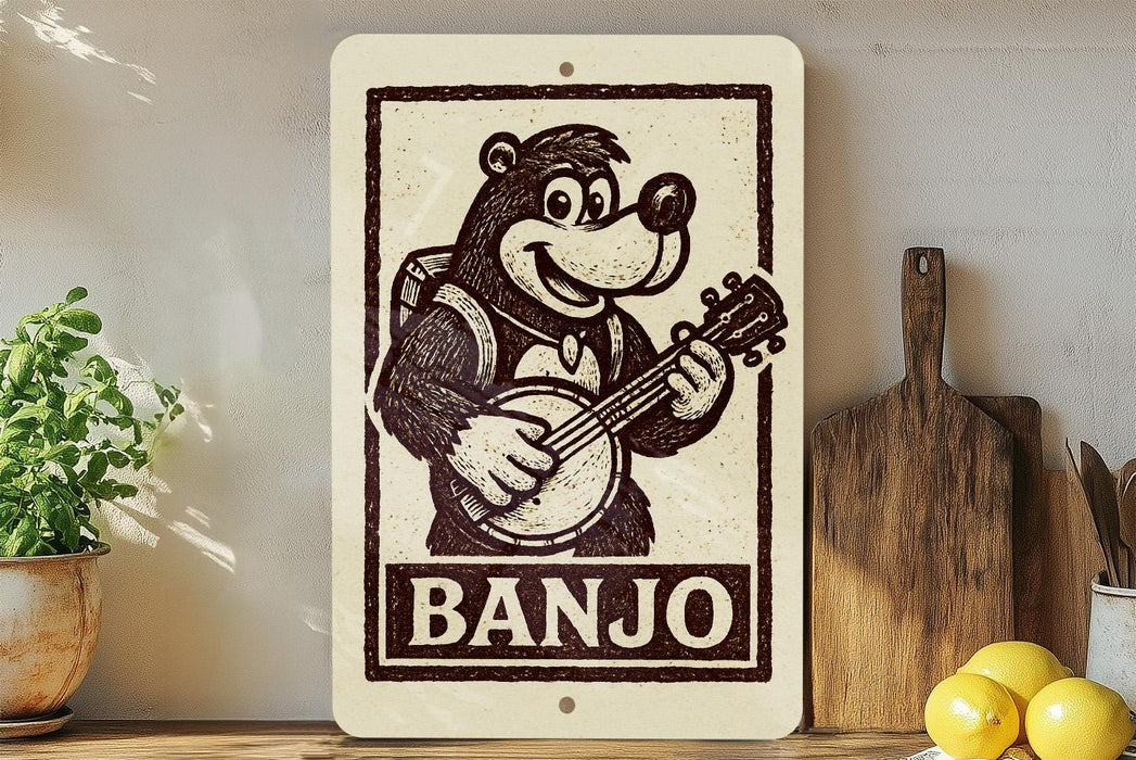 a sign with a cartoon banjo character playing a banjo, accompanied by the word "BANJO" written below the image.