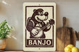 a sign with a cartoon banjo character playing a banjo, accompanied by the word "BANJO" written below the image.
