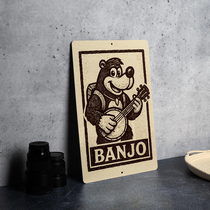 a sign with a cartoon banjo character playing the banjo, and the word "BANJO" is written below the banjo.