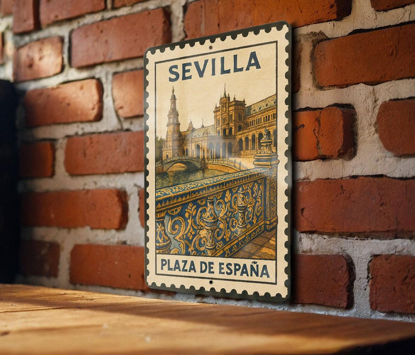 A vintage-style metal sign with the text "SEVILLA" and "PLAZA DE ESPAÑA" is displayed on a brick wall.