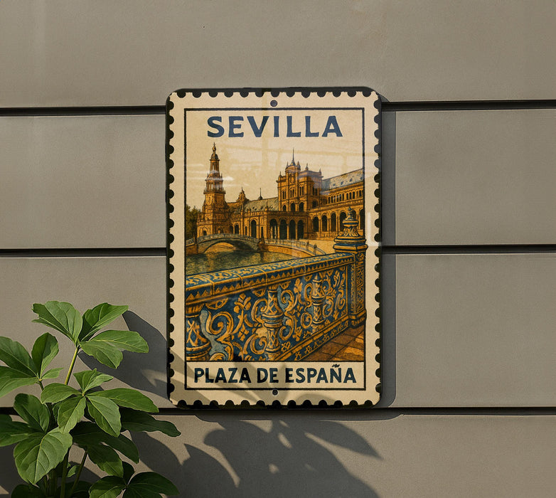 A metal sign with the text "SEVILLA" and an illustration of a building, likely the Plaza de España, is mounted on a wall.