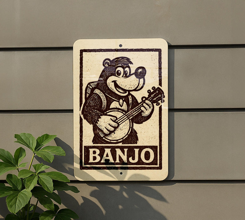 a sign with a cartoon bear playing a banjo.
