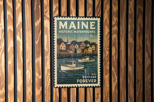A vintage Maine postage stamp featuring a harbor scene with boats and buildings, mounted on a wooden wall.