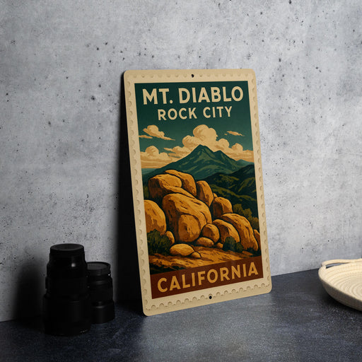 A vintage-style metal sign for Mount Diablo Rock City in California, featuring a landscape with mountains, rocks, and a cloudy sky.