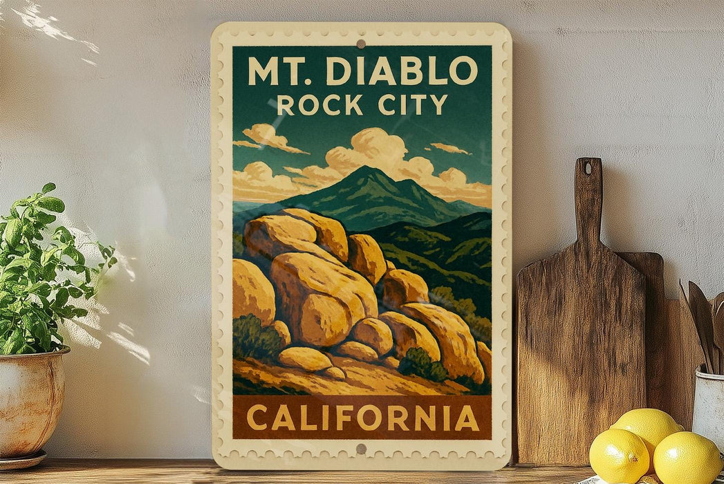 A vintage-style poster of Mount Diablo, a famous landmark in California, is displayed on a wall next to a wooden cutting board and some potted plants.