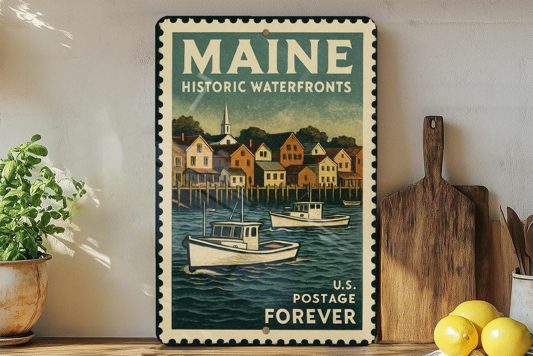 A vintage Maine postage stamp featuring a harbor scene with boats, displayed on a shelf next to a wooden cutting board and some lemons.