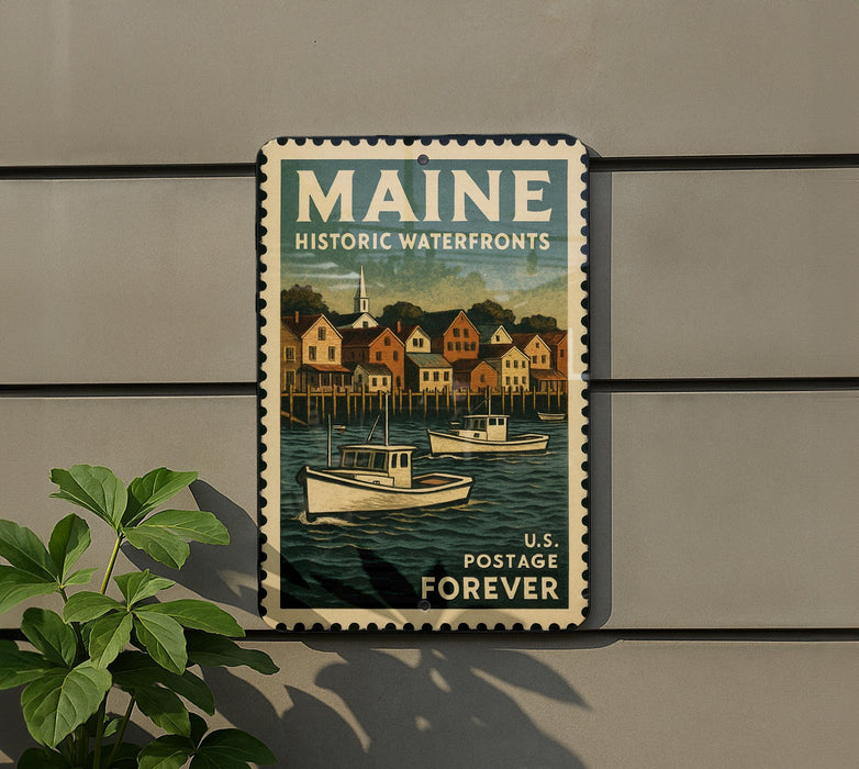 A vintage Maine postage stamp featuring a town scene with boats on the water, mounted on a wall next to a plant.