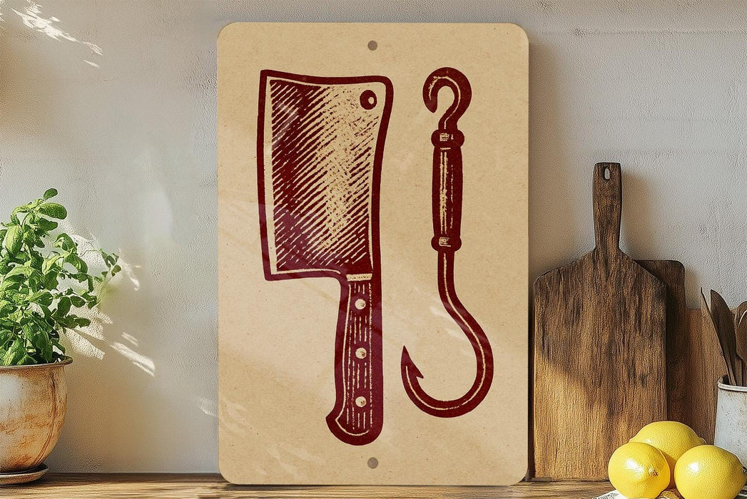 a wooden cutting board with a knife and a hook, along with some lemons and a potted plant, all placed on a shelf.