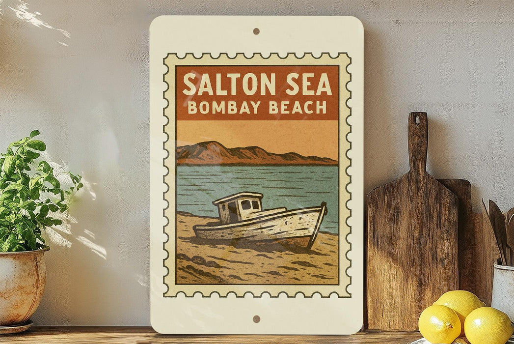 A framed illustration of a boat on a beach, with the text "SALTON SEA BOMBAY BEACH" displayed prominently.