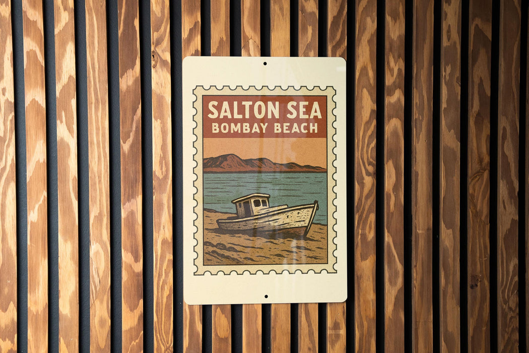 A metal sign with a vintage-style illustration of a boat on a beach, mounted on a wooden wall.
